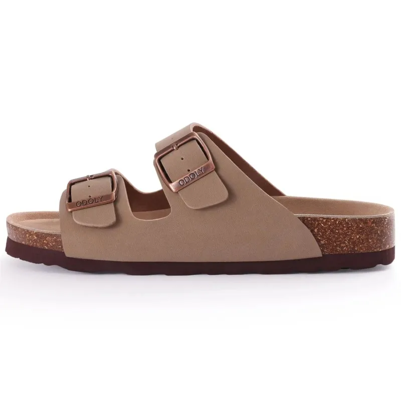 Women's Fashionable Double Buckle Flat Mules, Suede & Cork Sole, Beach Sandals_voghion.com