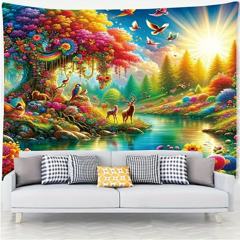 Tree of Life Tapestry, Colorful Forest with Deer and Birds, Fantasy Nature Wall Art for Living Room Bedroom Decor