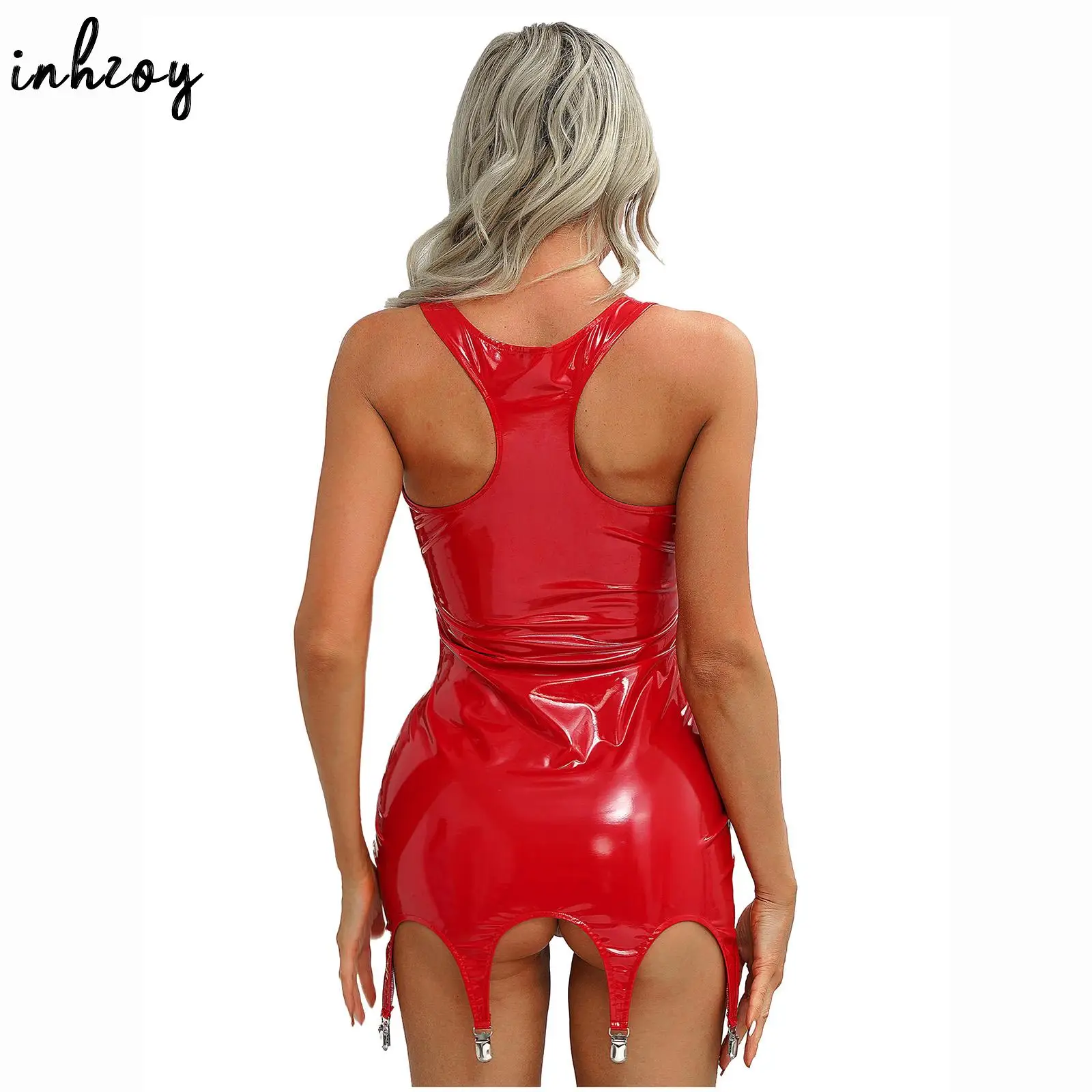 Womens Wet Look Patent Leather Mini Dress Open Chest Hot Sexy Party Clubwear Erotic Lingerie Costumes Dresses with Garter Clips