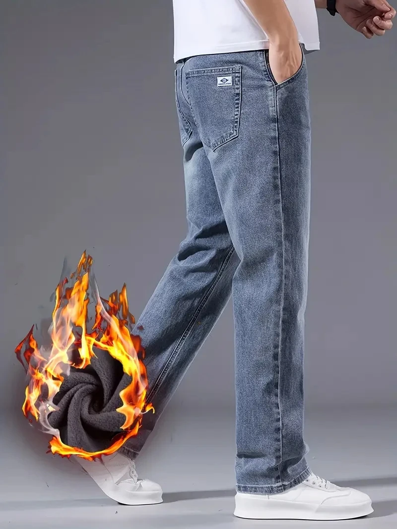 Jeans casual da lavoro elasticizzati spessi foderati in pile caldo invernale da uomo Pantaloni leggeri per ufficio e abbigliamento quotidiano