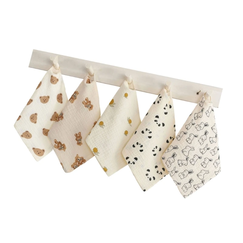 Mouchoir en coton, serviette pour le visage, 4 couches, bavoir doux absorbant, lingette buccale pour le bain 5 pièces