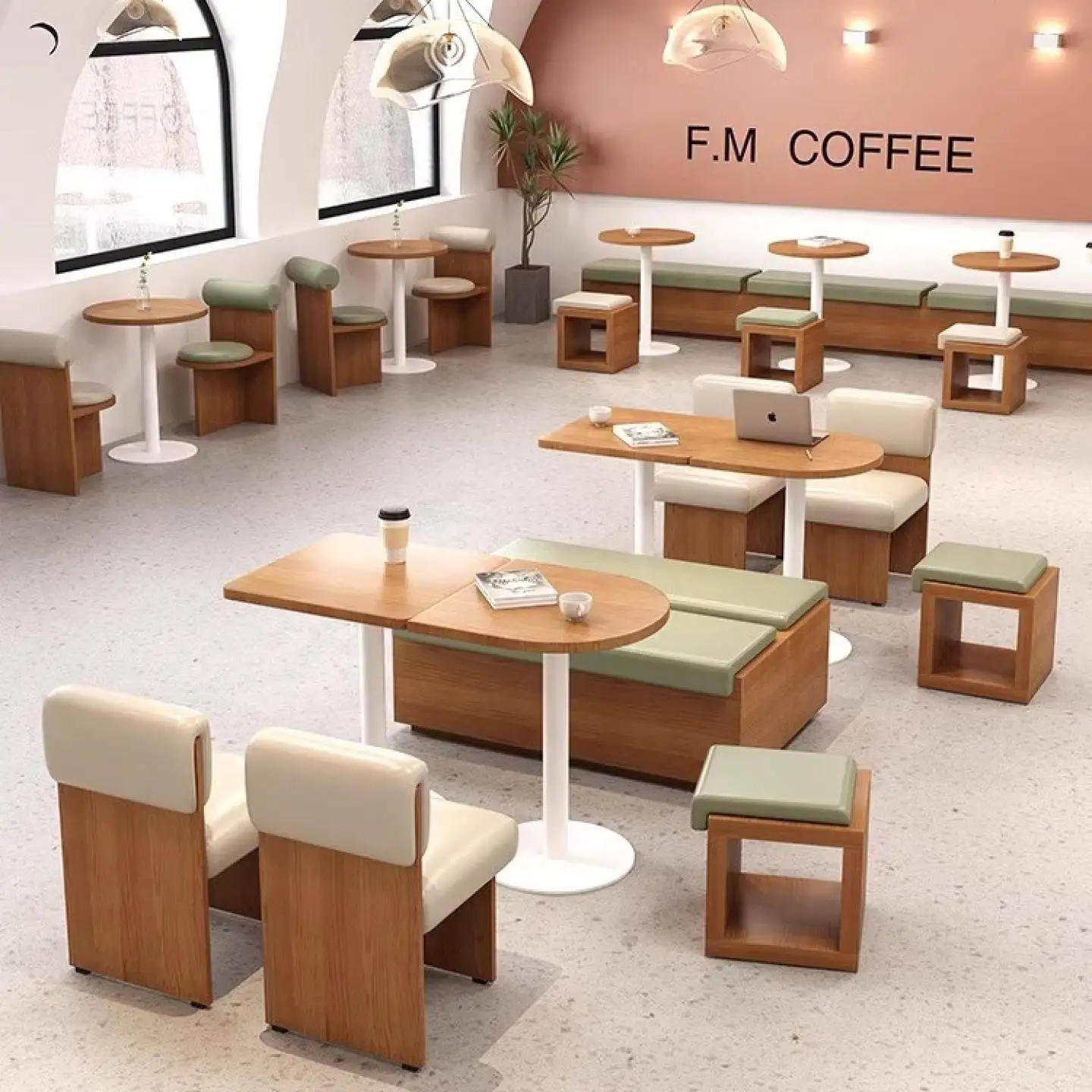 Milk tea shop table and chair combination dessert shop long strip card seat sofa stool against the wall custom cafe card seat so