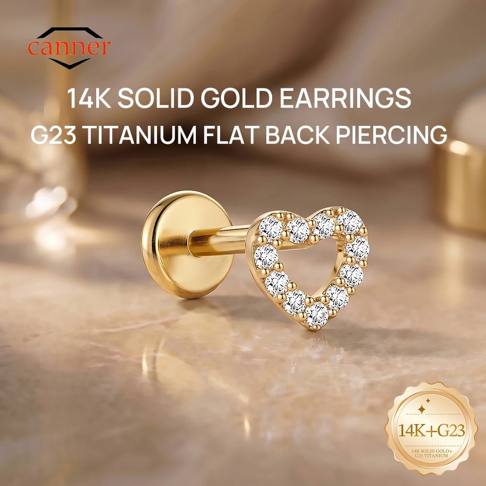 CANNER 1PC 14K Solid Gold Heart CZ Flat Back Stud Earring for Women Sparkling Hollow Cartilage Helix Piercing Jewelry Party Gift