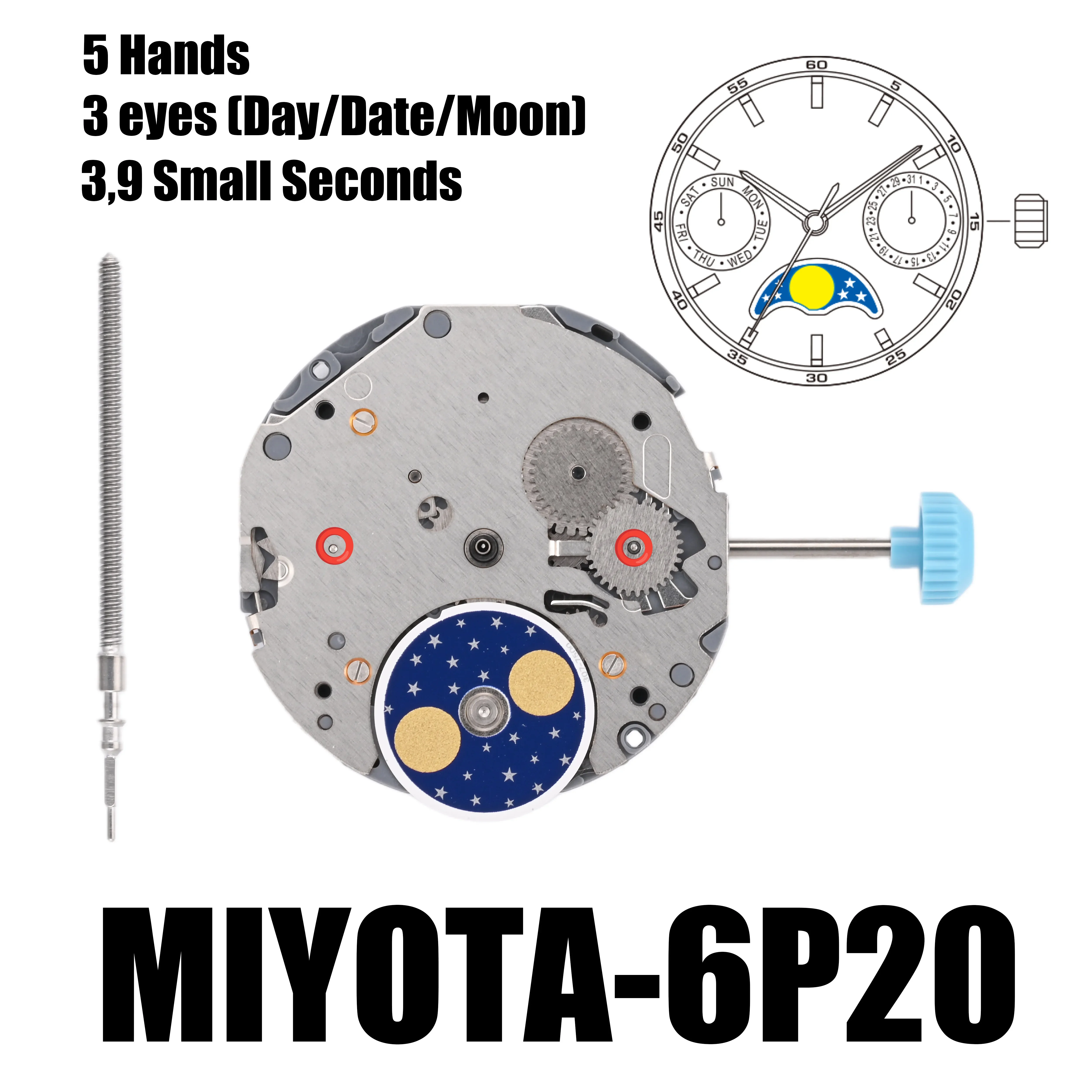 Genuine 6P20 Movement Japanese Miyota 6P20 Movement  3 Eyes (Day/Date/Moon)Moon-Phase Multi-Function Movement.Size:10 1/2''' Hei