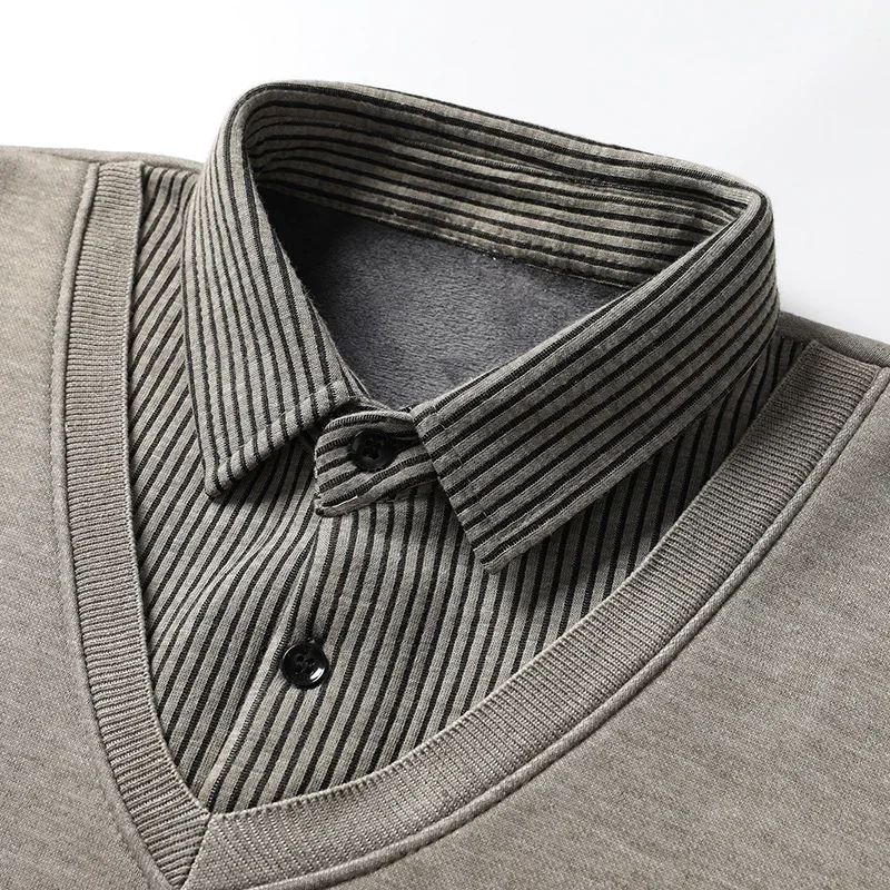 

Autumn Winter Mens Striped Shirt Neck Sweater Business Casual Thicken Warm Fleece Pullovers Korean Fashion Fake two pieces Shirt