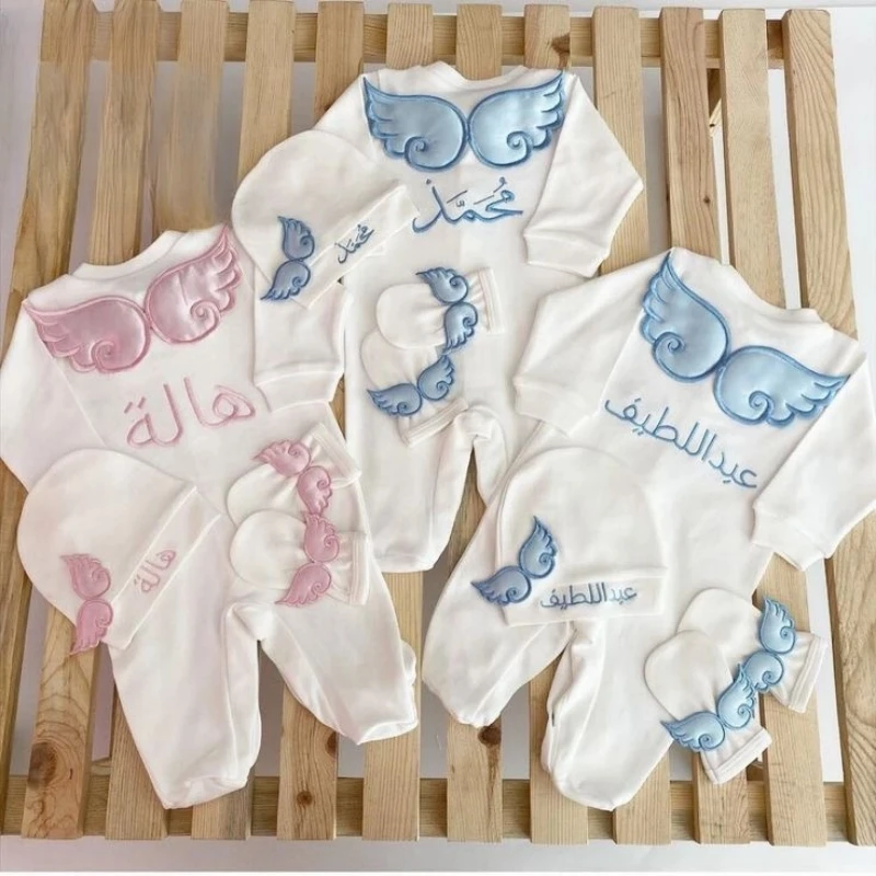 Dollbling Hospital Exit 5pcs Embroidery Name Newborn Angle Wings Romper Blanket  Nursery Bedding Swaddle Handmade Infant Outfit