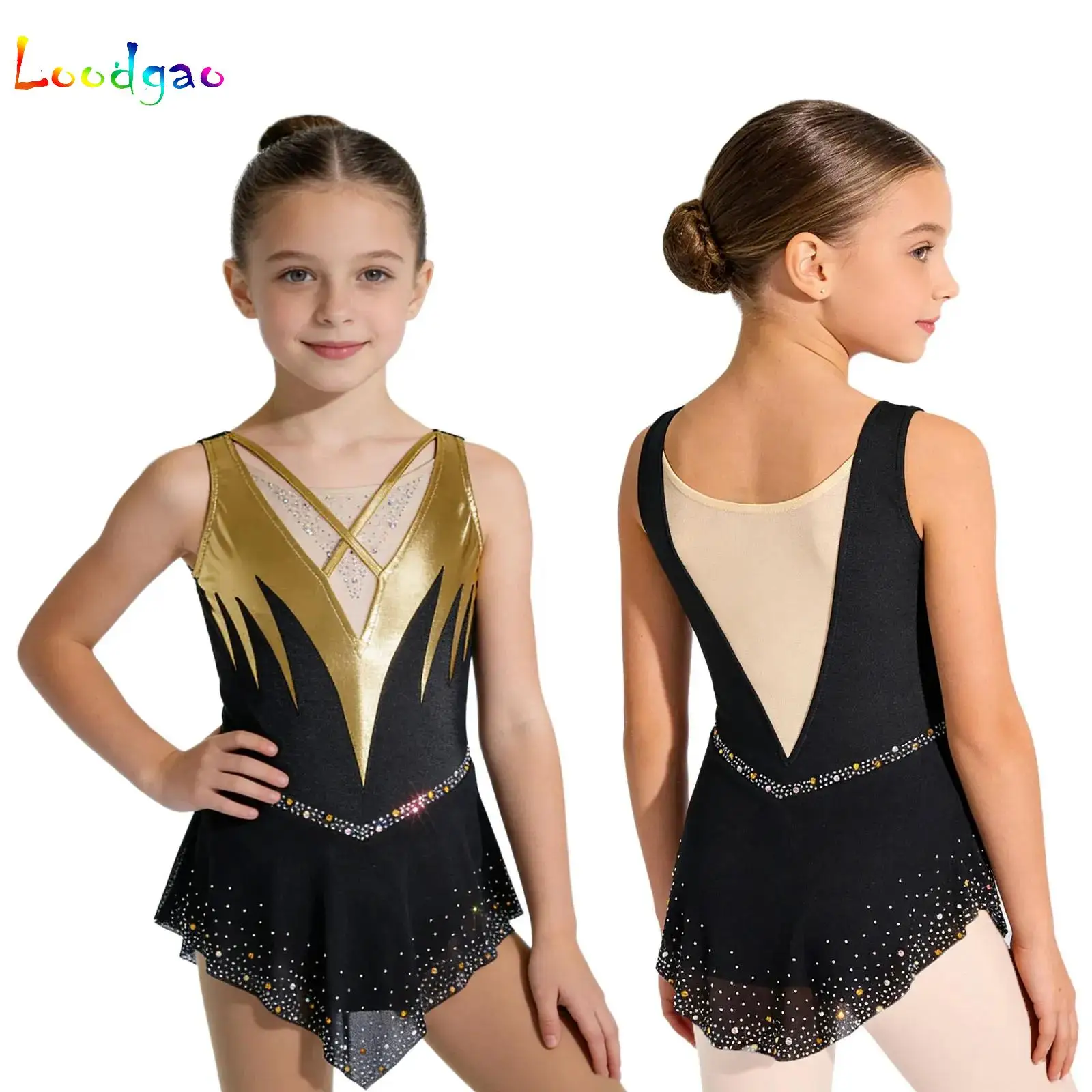 

Girls Sparkling Rhinestone Figure Skating Dress Kids Sleeveless Mesh Competition Costumes Performance Ballet Tutu Leotard Dress