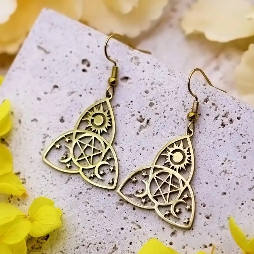 New Sun,Moon&Stars Pendant Triple Moon Amulets Dangle Earrings For Women Girls Stainless Steel Earrings Witch Triquetra Supplies