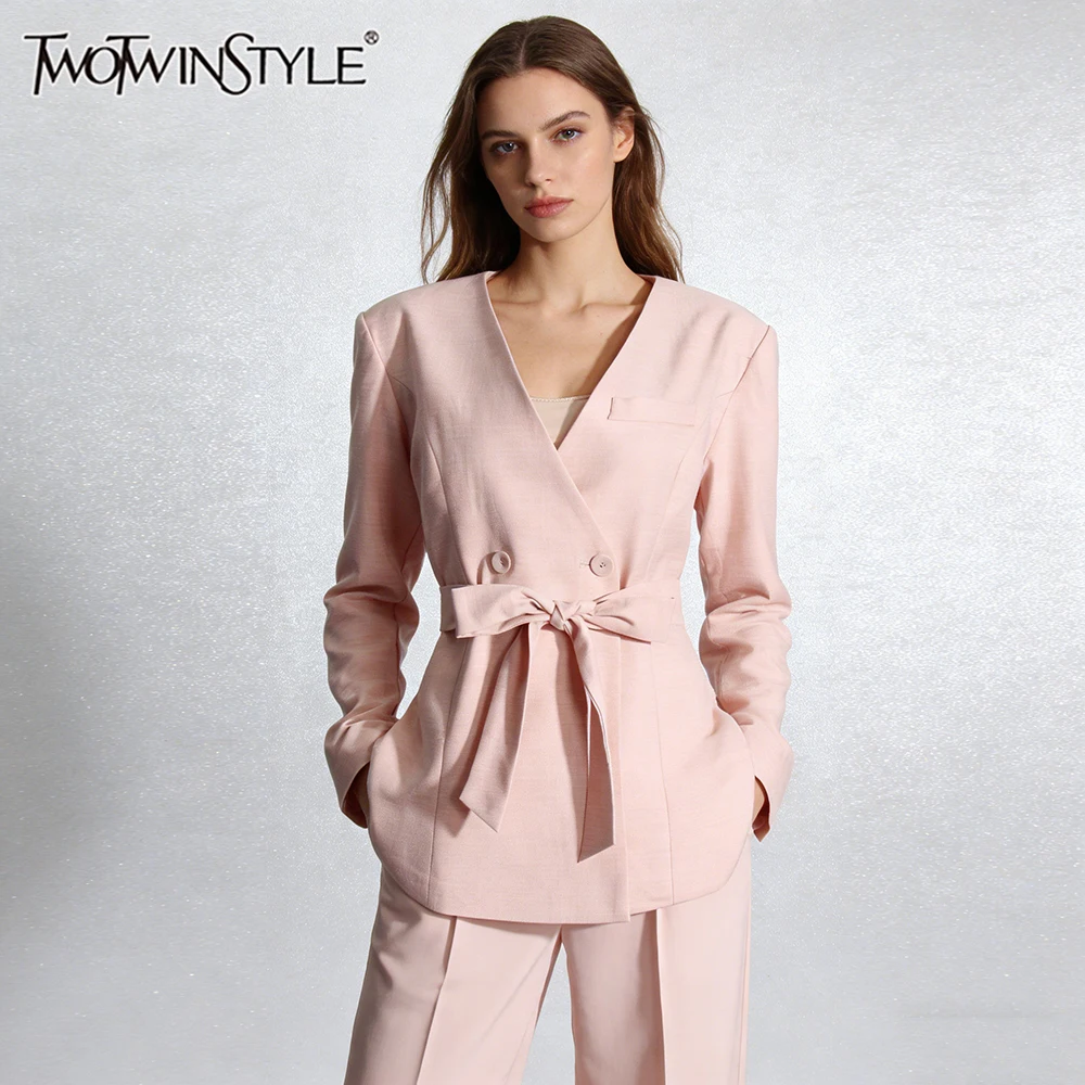 

TWOTWINSTYLE Elegant Office Commute Bow Accent Pink Blazer for Women V Neck Double Breasted Design for Business Social Events