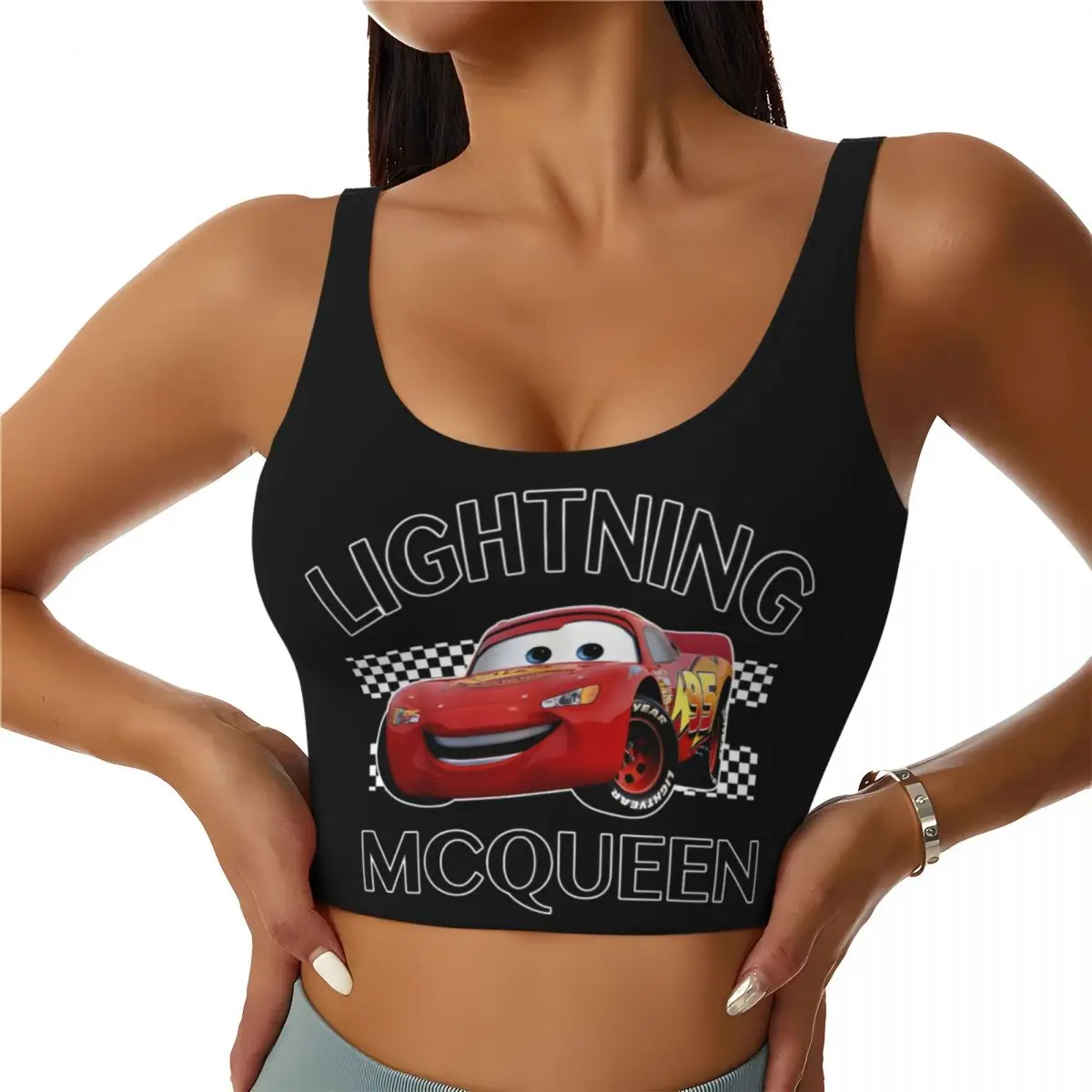 Custom Women's Lightning McQueen Sports Bras Cartoon Cars High Impact Gym Workout Running Crop Tank Tops