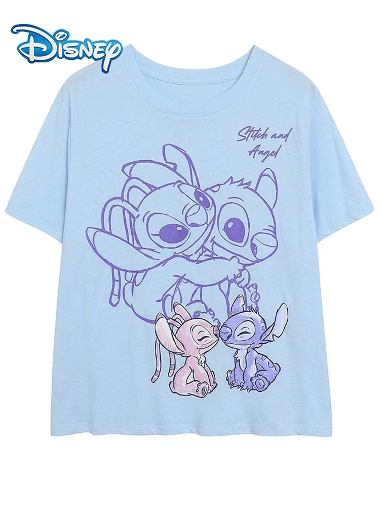 

Футболка с мультяшным принтом Disney Stitch Little Monster Angel, повседневная женская футболка с короткими рукавами и круглым вырезом, пуловер, футболки, женская уличная одежда