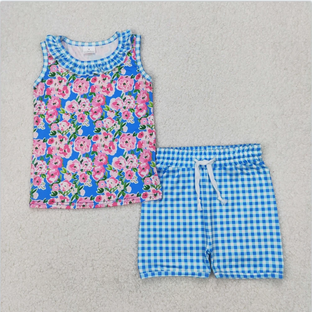 

Hot Sale Baby Girls Kids Clothes Boutique Shorts Fashion Toddler Baby Girls Blue Plaid Sleeveless Floral Top Short Set