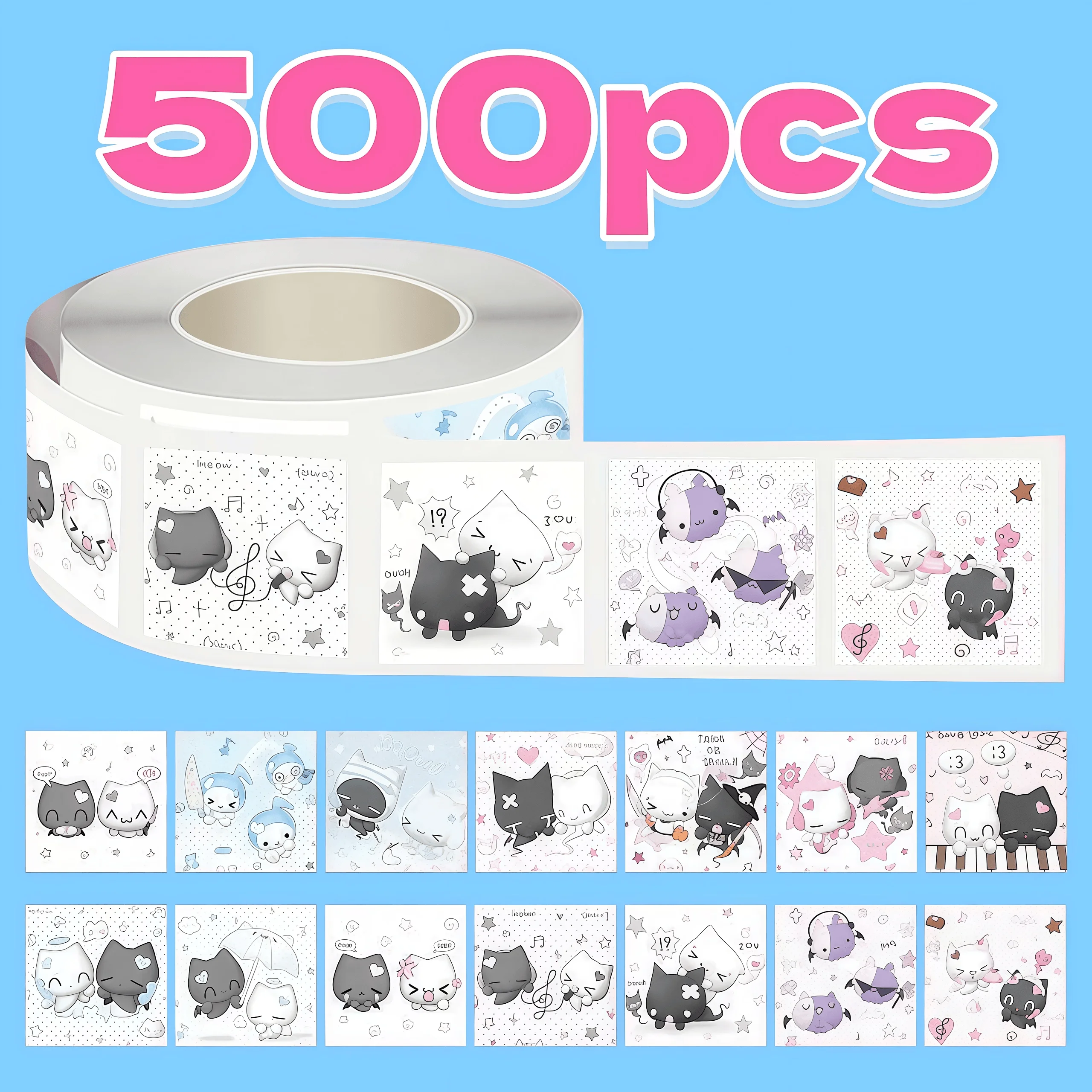 

500 шт. милых наклеек-котиков в рулоне, очаровательные стикеры с выражениями котят и музыкальными нотами для планировщиков, поделок и декора подарков