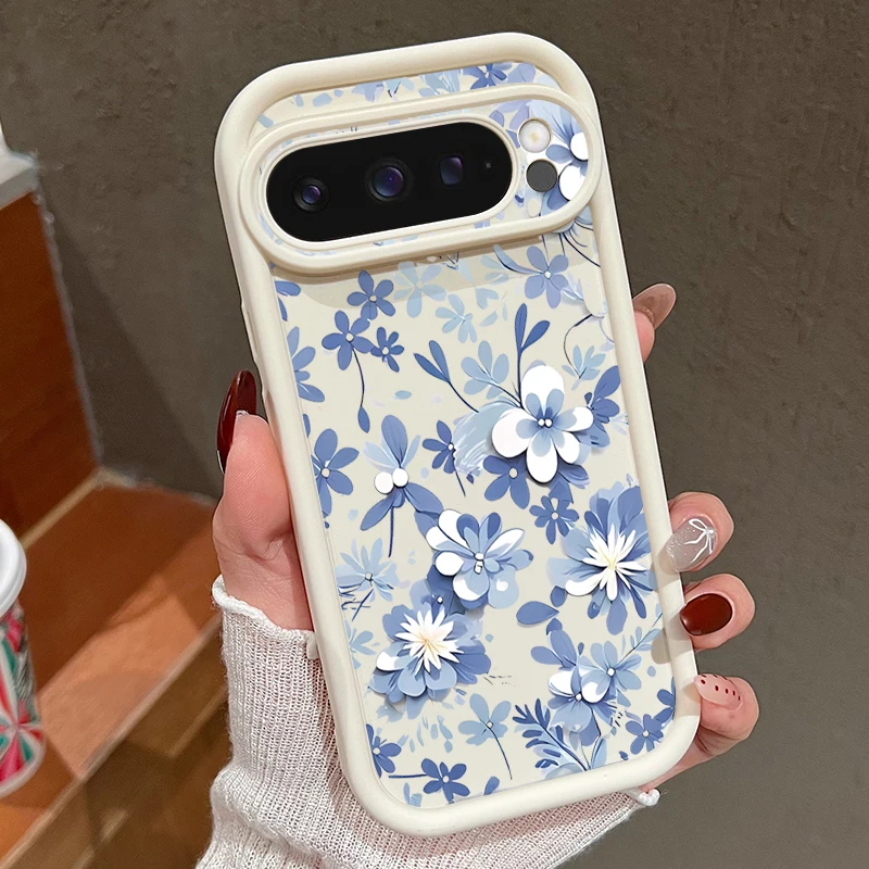 Weiche TPU-Handyhülle für Google Pixel 10 9 8 7 Pro Pixel 9 10 Pro XL 7A 8A 9A Stoßfeste Blaue Blumenmuster-Silikon-Rückabdeckung