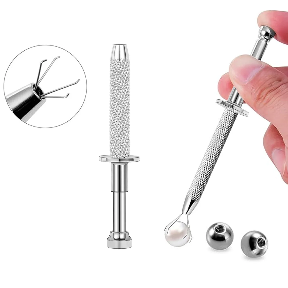 1Pc Surgical Steel Professional Push in Syringe Type Quad Prong Small Bead Holder Grab Ball Catcher Body Piercing Tool