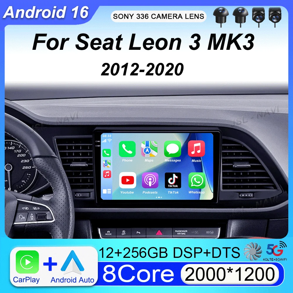 Carplay Auto para Seat Leon 3MK3 2012 2013 2014 2015 2016 - 2020 Reproductor de Radio para Auto Android 16 Multimedia WIFI+4G Cámara 360 Estéreo