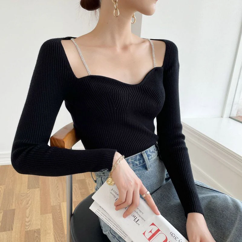 Vintage Chain Sweater Women Sexy Black Square Collar Knitted Pullovers Ladies Korean Elegant Knitwear Winter Slim Jumpers New