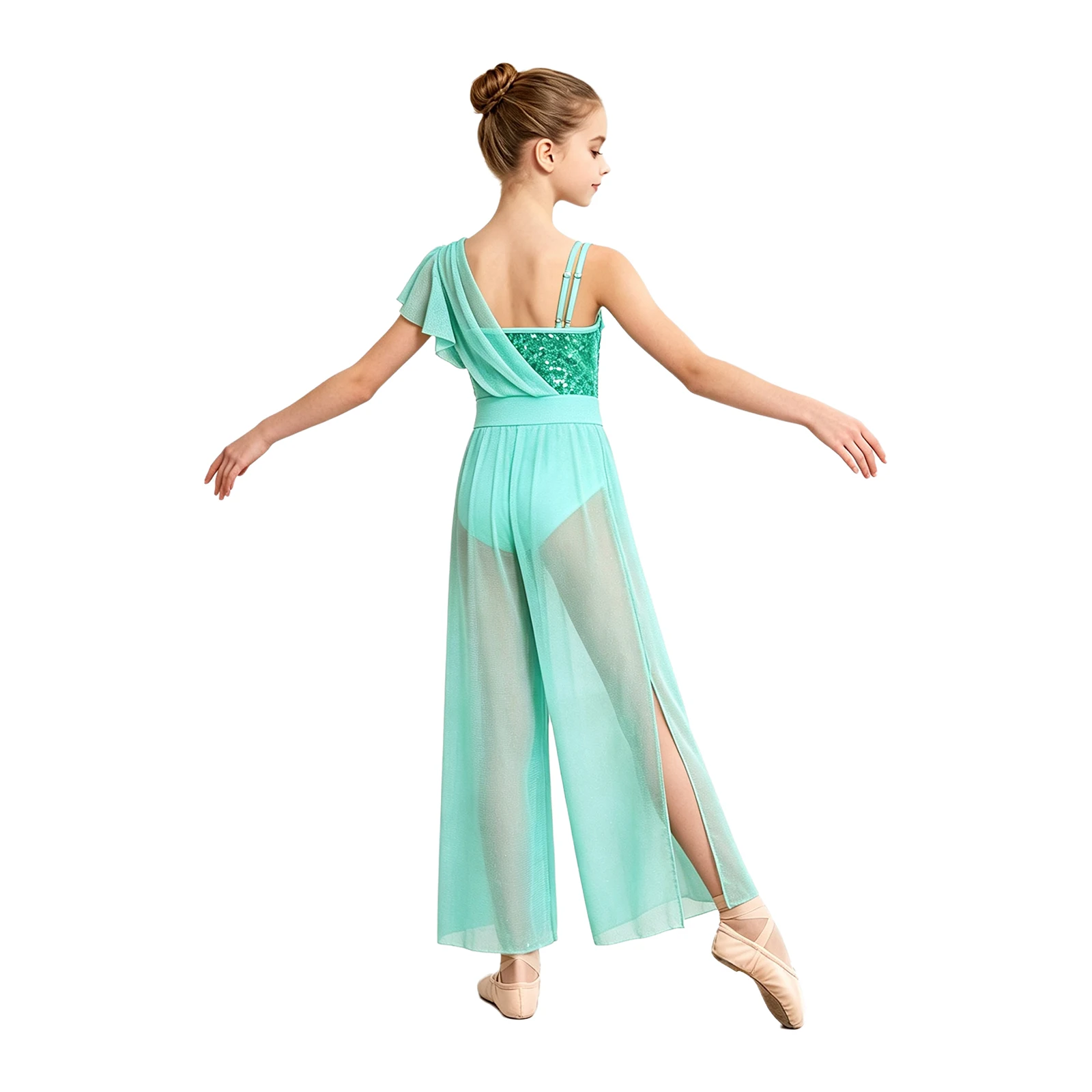 Girls Lyrical Dance Jumpsuit Asymmetrical Shoulder Sequins Sheer Mesh Wide-leg Leotard Ballet Skating Contemporary Dancewear