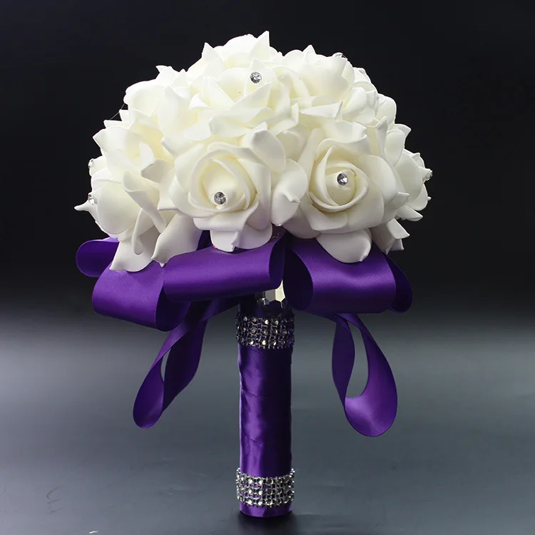 Super Deal~Brilliant CZ Diamond Decorated Clssic Cream Roses with Multi-color Ribbon Handle Wedding Throw Bouquet 1185