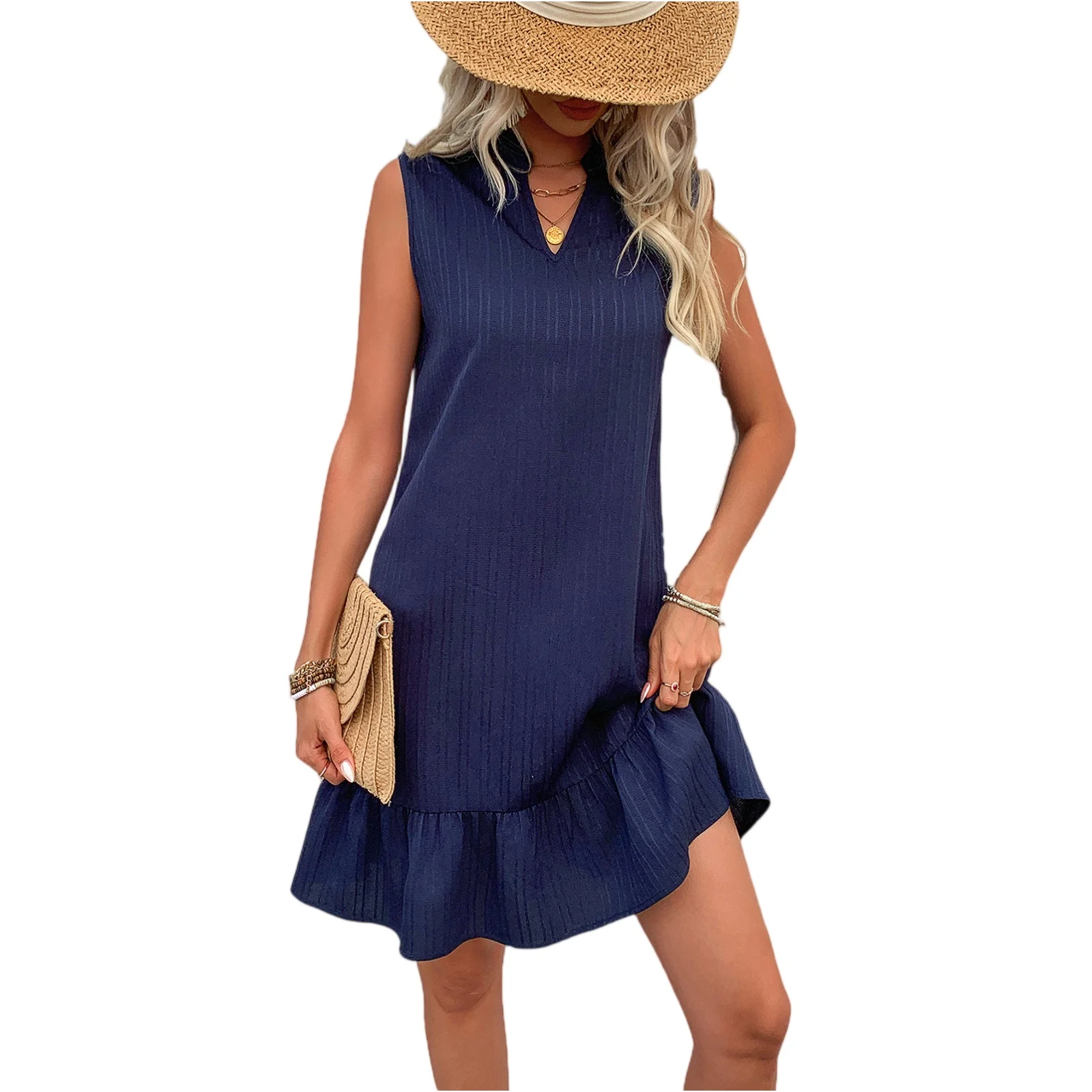 فستان نسائي عصري غير رسمي بلون سادة وياقة على شكل V وتصميم فضفاض بدون أكمام مع حواف مكشكشة مريح وناعم للارتداء في الهواء الطلق