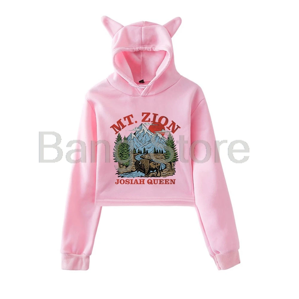يوسييا كوين جبل. Zion Cat Ear Hoodie المرأة طويلة الأكمام بلوزات عارضة الشارع الشهير المحاصيل قمم