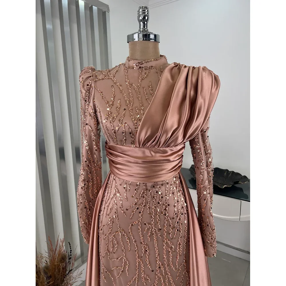 Elegant High Collar Long Sleeves Prom Dress with Sequined Beads Fashion Straight Gowns Floor Length Party Evening Dresses 2024