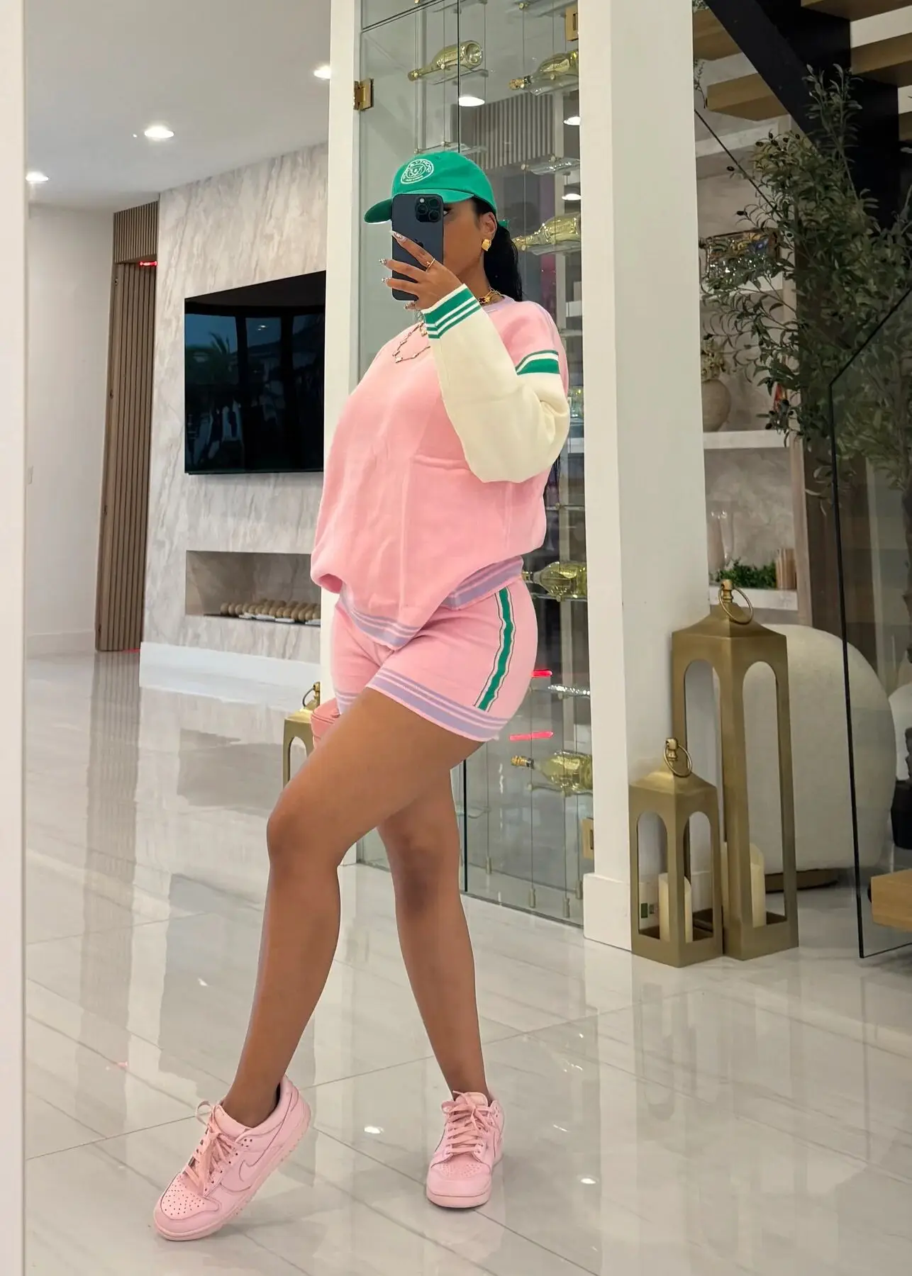 Women Set Fashion Contrast Color Long Sleeves Knitted Sweatshirt Top And Shorts Casual Two Piece Sets Women Tracksuits Set