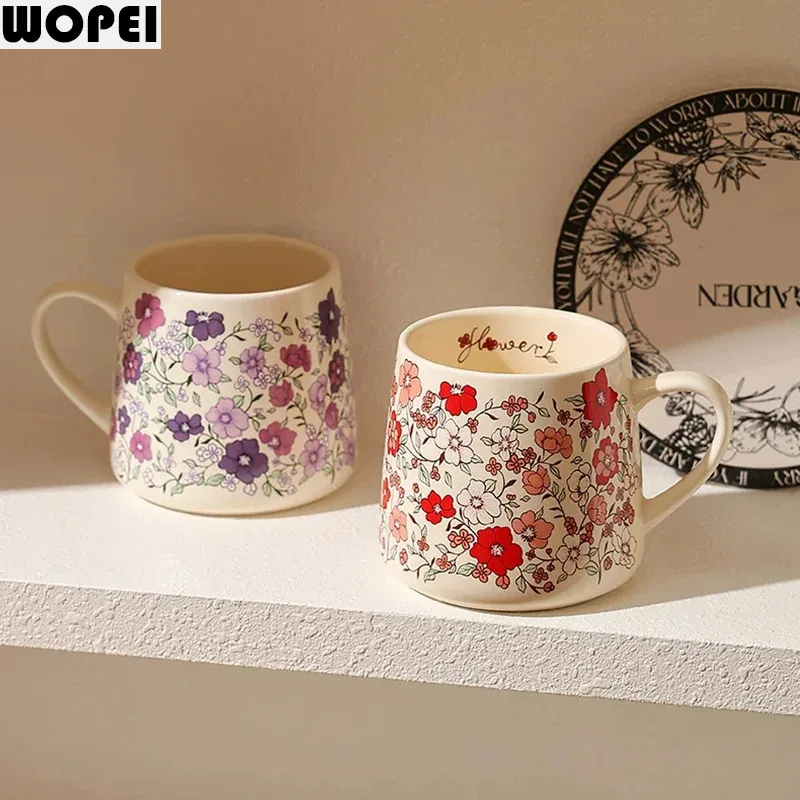 Vintage Floral Pattern Ceramic Mug Home Breakfast Cup Coffee Latte Cup Milk Cup Beverage Cups Water Cups Teacup Beverage Utensil