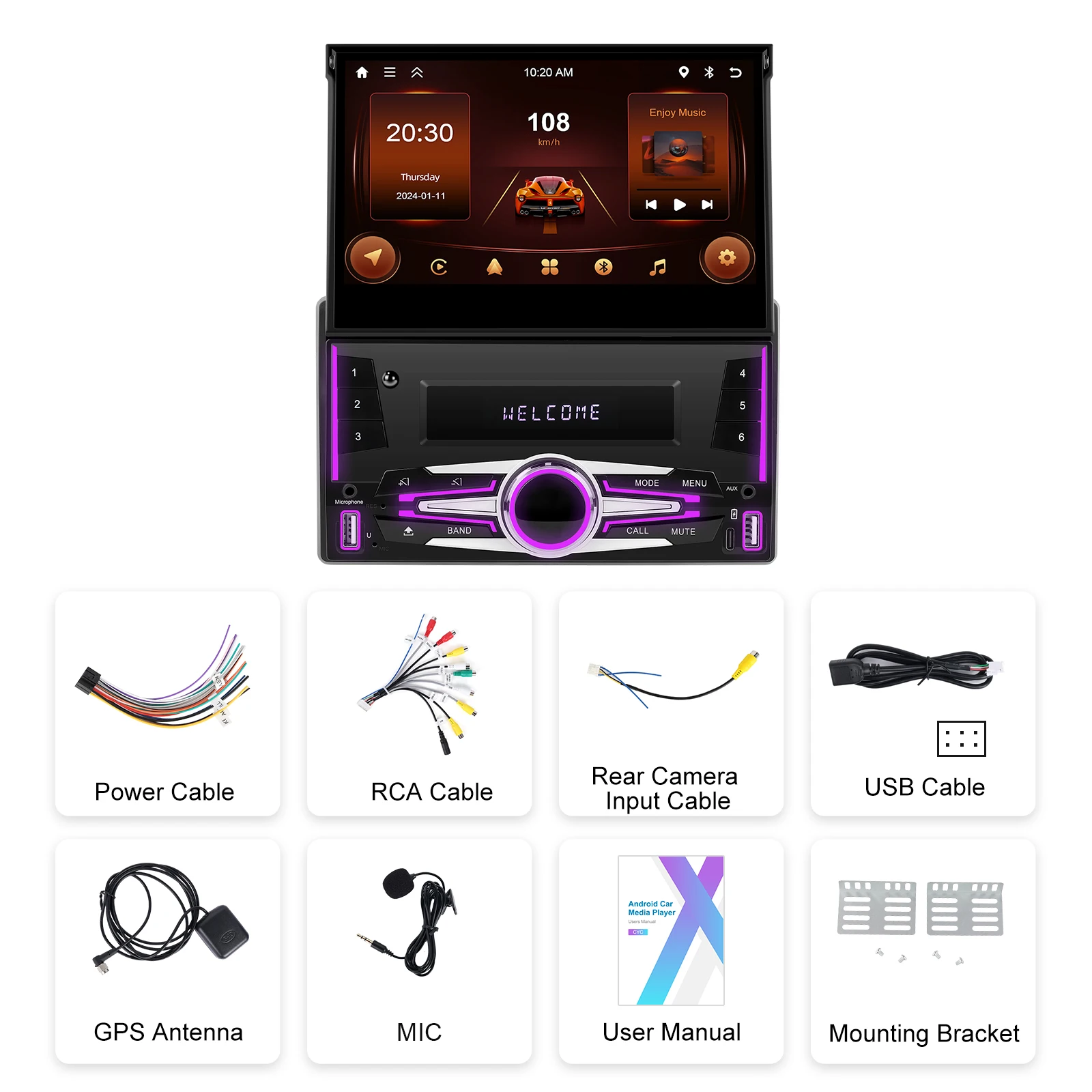 Podofo Android Car Stereo Doppio Din 7 '' Wireless Carplay Android Auto 2 + 64G Motorizzato Retrattile GPS WIFI FM RDS EQ TYPE-C