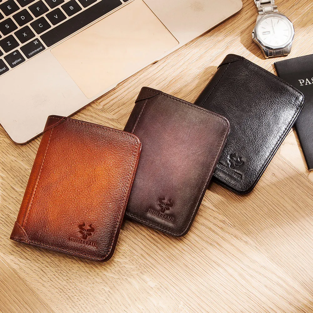 Genuine Leather RFID Protect Wallet for Men Slim Trifold Front Pocket Money Bag Anti-theft Brush Head Layer Cowhide Card Holder