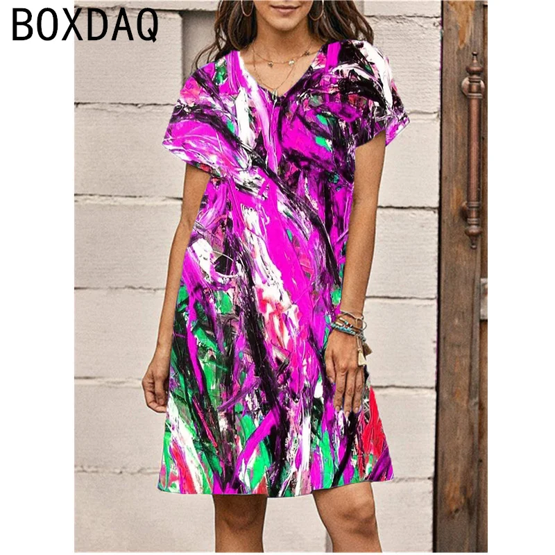 

3D Colorful Gradient Printed T-Shirt Summer Short Sleeve V-Neck Casual A-Line Dress Big Size 3XL Femael Vestidos