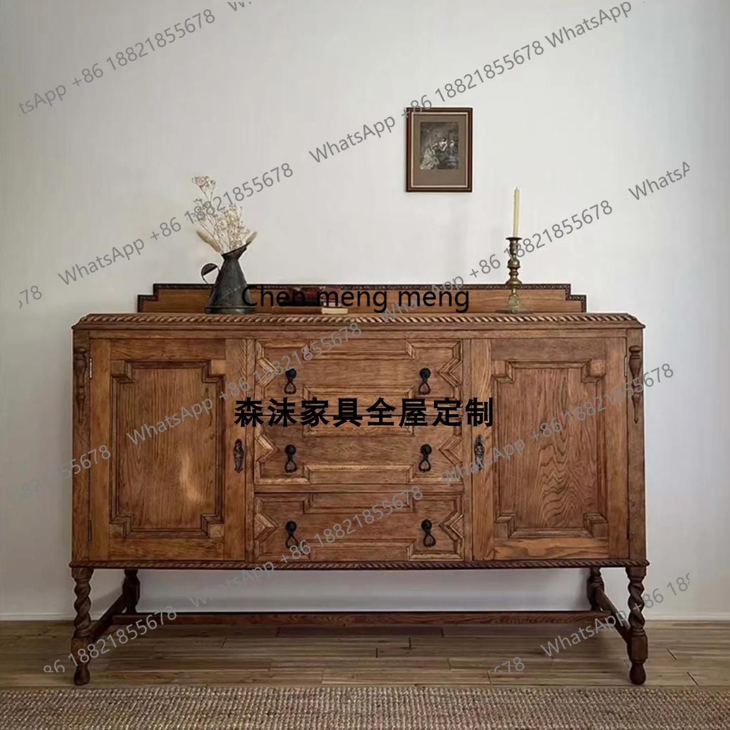 

French antique solid wood dining side cabinet American retro villa living room against the wall storage locker