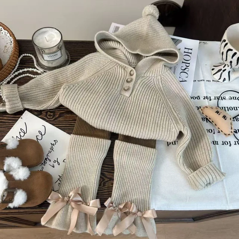 

new summer girl clothes 2pc/set solid children baby kids students fashion Hooded knitted sweater woolen leggings 80-150 2-8year