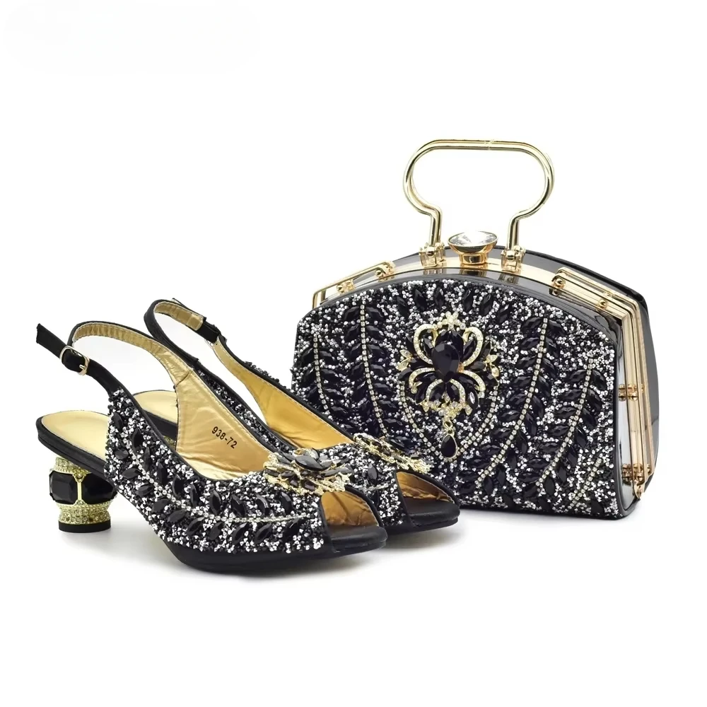 

New Arrival Women Italian Shoes and Matching Bags Sets Decorated with Rhinestone Shoe and Bag Set for Party in Women Nigerian