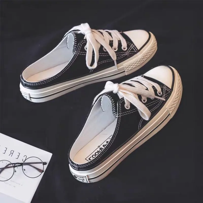 Fashion Women's Canvas Mules Sneakers 2026 New Slip on Half Slippers Casual Low Top Backless Shoes for Women Zapatos Casuales