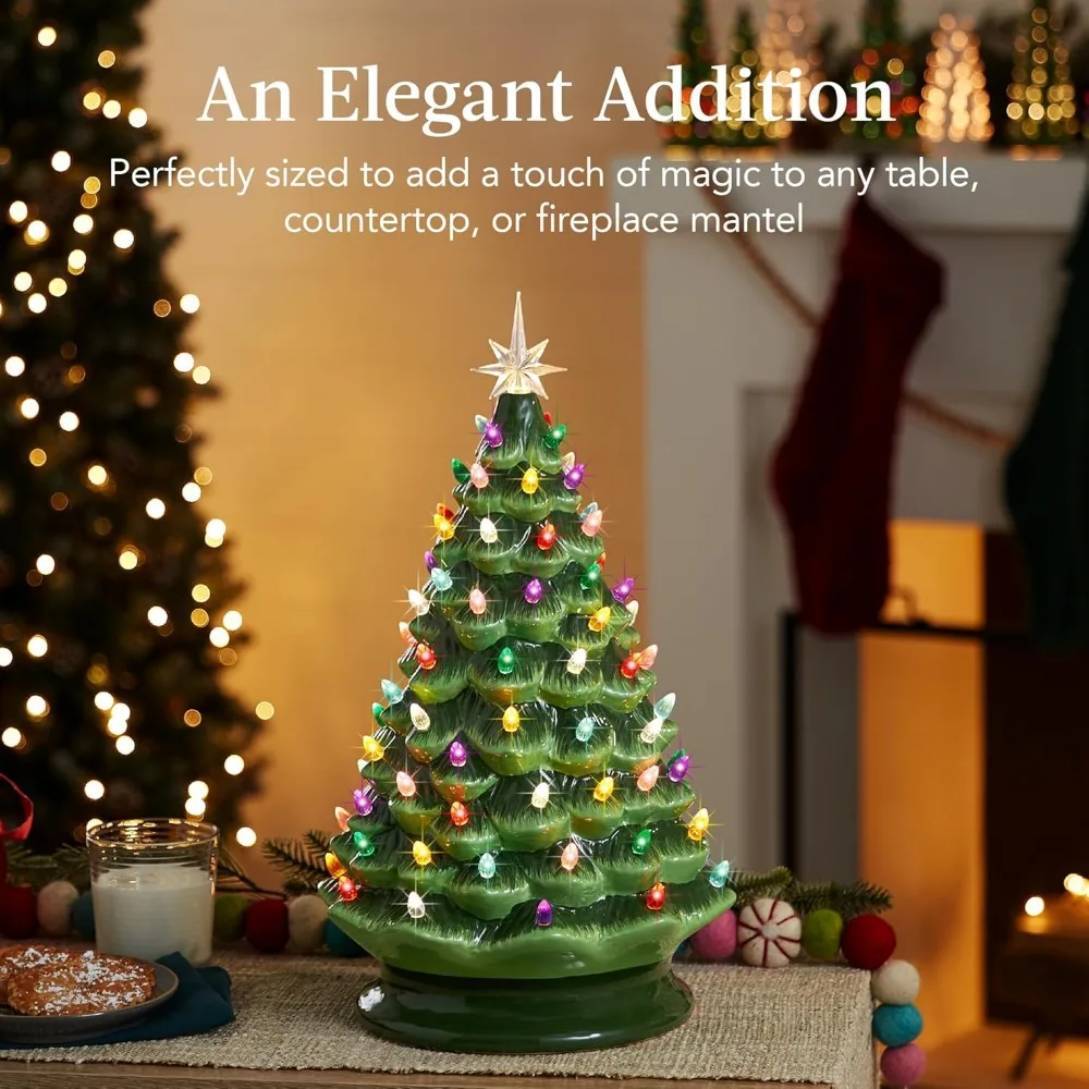 18in Large Ceramic Christmas Tree, Pre-lit Hand-Painted Tabletop Holiday Decoration w/Power Cord, 2 Star Toppers