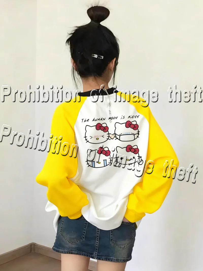 الخريف والشتاء العصرية مرحبا كيتي الوالدين الطفل قميص طويل الأكمام سميكة مطبوعة الأسرة في الهواء الطلق خلع الملابس جو أعلى