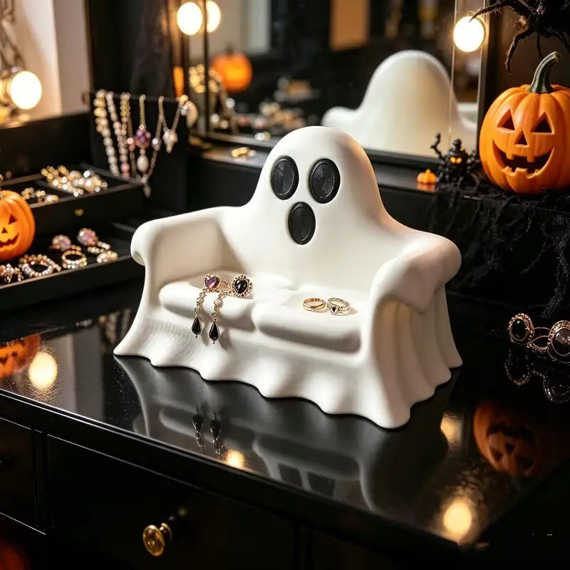 Halloween Ghost & Pumpkin Sofa Jewelry Organizer, Spooky Ring Earring Holder Display Figurine for Desktop Decor