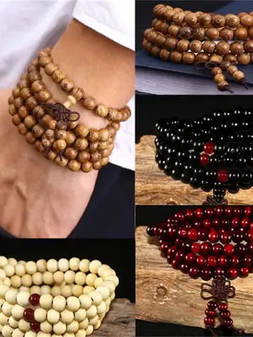 Natural Sandalwood Bracelet Men Buddhist Buddha Meditation Bead Bracelet For Women Prayer 108 Beads Rosary Hanging Decoration