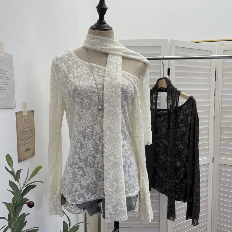 High Quality Hot Selling Wholesale Autumn Jacquard Beveled Off Shoulder Long Sleeved T-shirt Base Shirt Hanging Neck Top Women