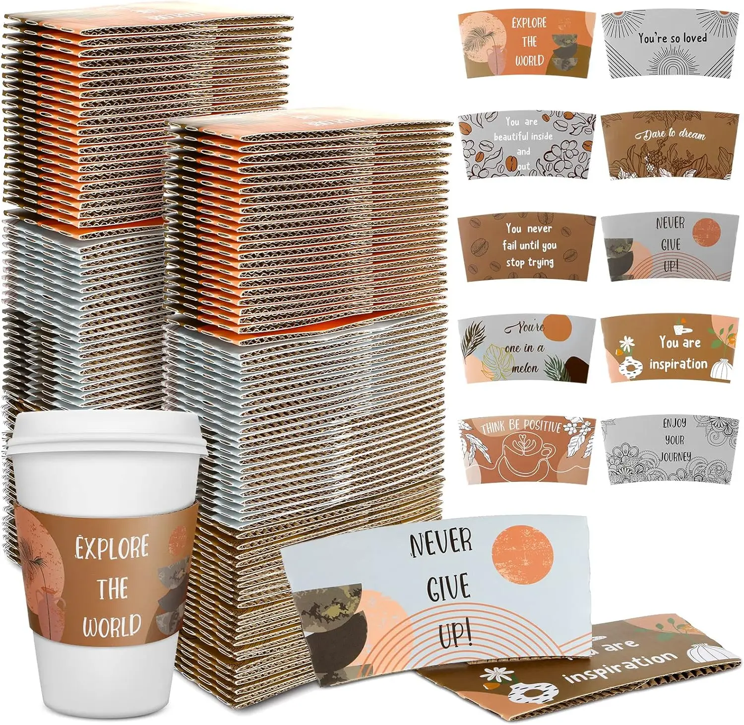 

500 Pack Coffee Cup Sleeves Corrugated Cardboard Motivational Disposable Sleeve for Inspiring Cold or
