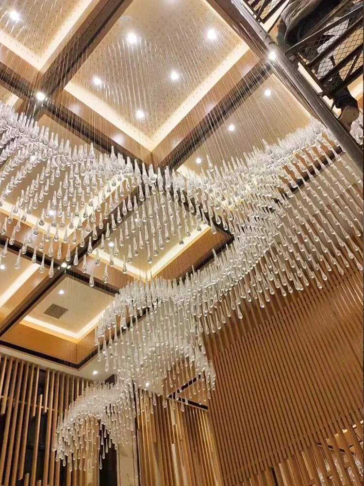 Creative LED Chandelier for Hotel Living Room Stairs Luxurious Large Ceiling Pendent Lamp Nordic Style Raindrop Long Chandeliers