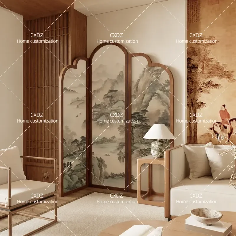 Song Style Aesthetics New Chinese Retro Landscape Solid Wood Screen Partition Living Room Entrance Movable Sofa Decoration