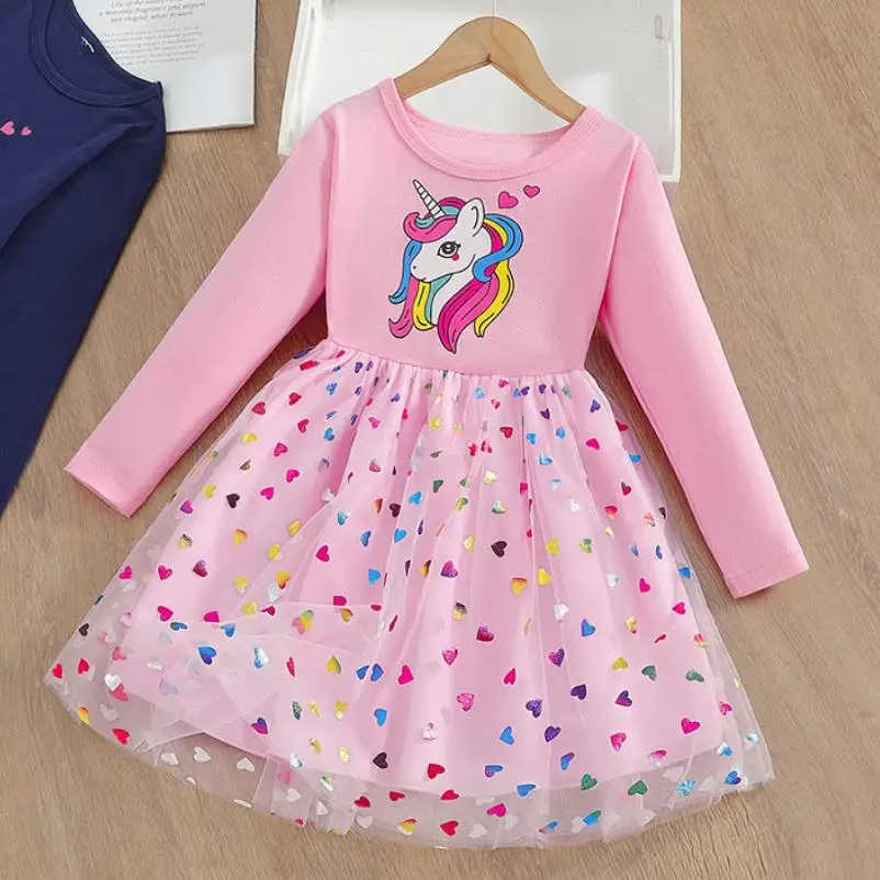 Kinderkleid, Mädchenkleid im koreanischen Stil für Frühling und Herbst, Regenbogen-Cartoon-Kleid mit langen Ärmeln und Rundhalsausschnitt
