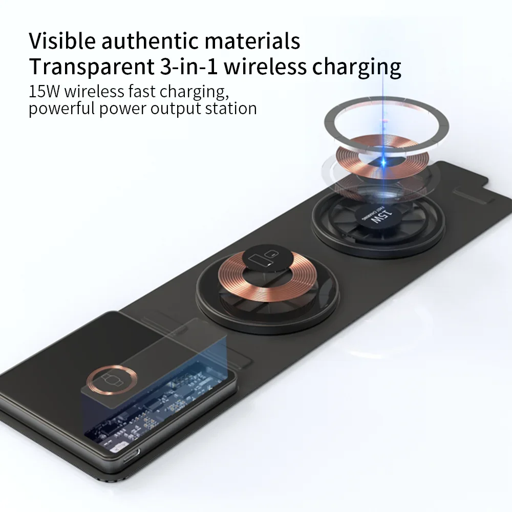 2024 New Products Fashion 15W Folding Cloth Art Transparent 3 In 1 Portable Magnetic Multifunction Wireless Charger