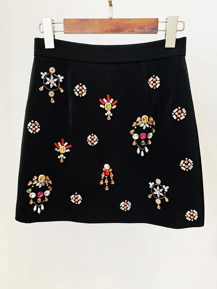 Skirt Set with Handmade Colorfull Diamond Beaded Min Skirt Short Top Suits 2024 New Designer Bead Short Jacket Set Two Piece Set