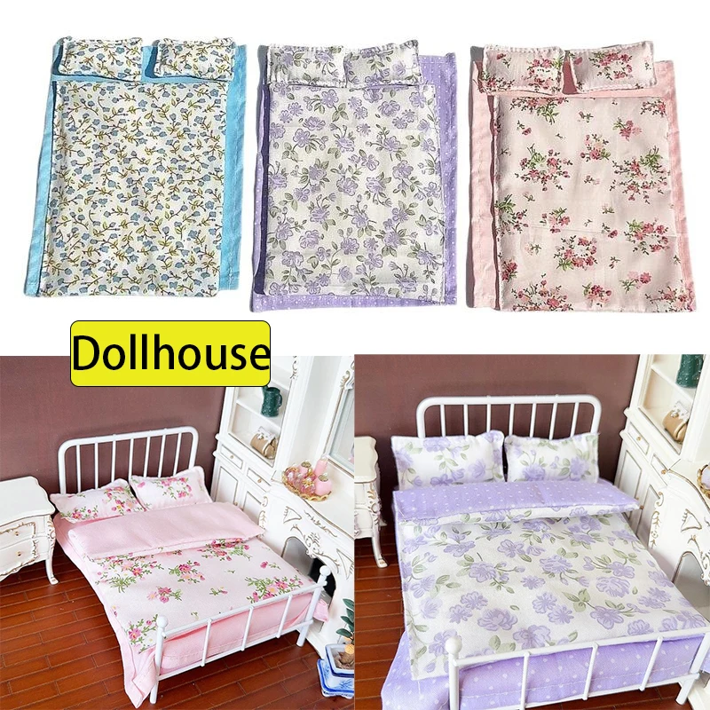1/12 Dollhouse Miniature Bed Four Piece Bed Set Bed Sheet Quilt Pillow Quilt Cover Bedding Set Doll Bedroom Decoration Toy