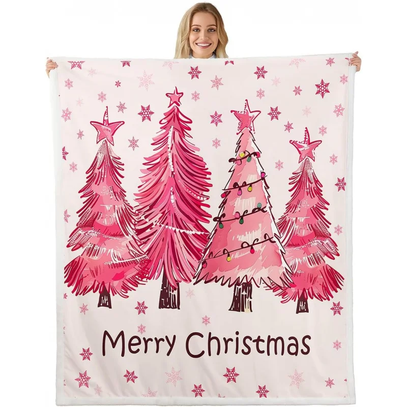 

Christmas Pink Tree Sherpa Blanket Theme Fleece Throw Blankets for Kids Boys Girls Gift