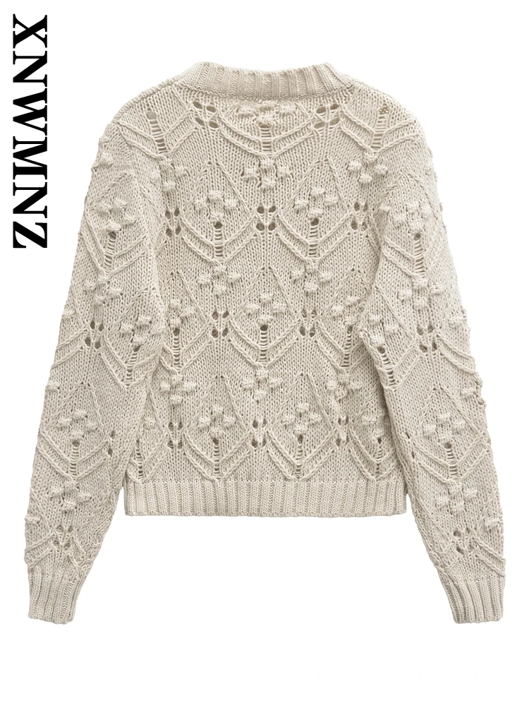 XNWMNZ 2024 Autumn Woman Casual Solid Color Knit Hollow Out Sweater Female Fashion Screw Thread Long Sleeve O-Collar Top Jumper