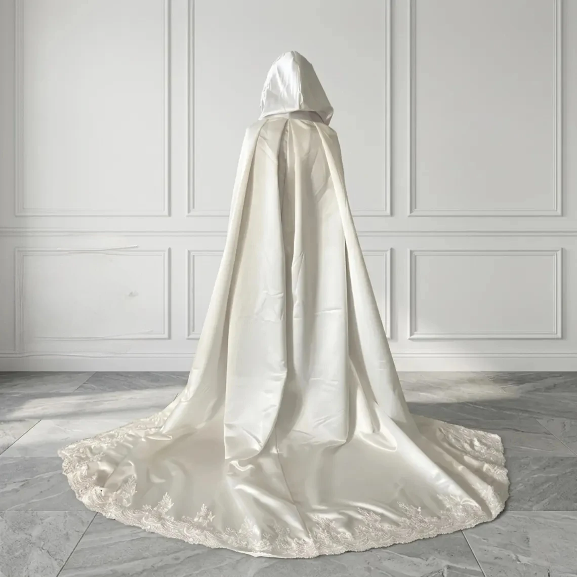 Customized Satin Wdding Cloak Lace Bride Coat with Train Bridal Shrug Wrap Women Accessory